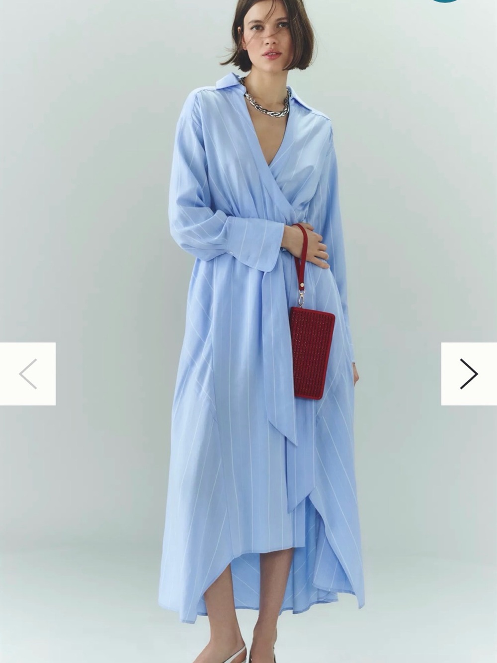 Light Blue Pinstripe High-Low Wrap Dress with Tie Waist